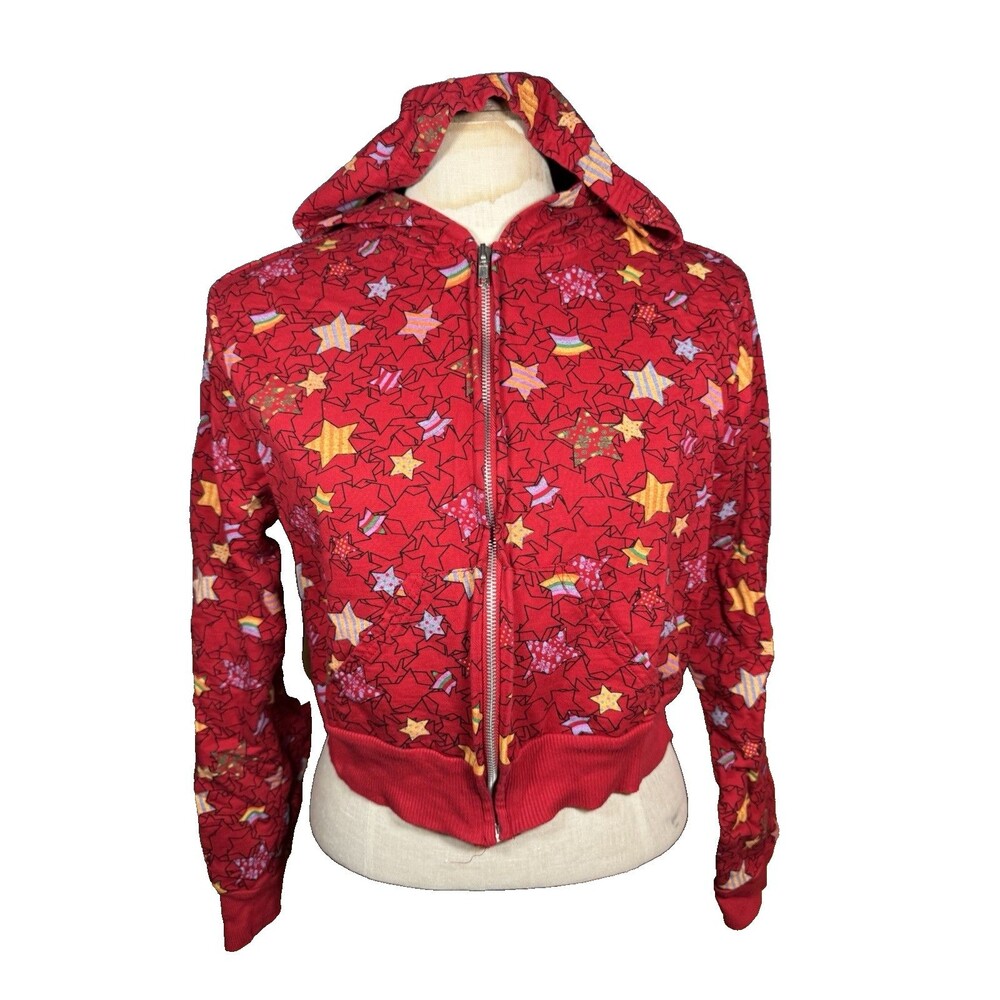 Y2K Star AOP Cropped Red Hoodie No Boundaries Cyber Punk Scene Mall Goth